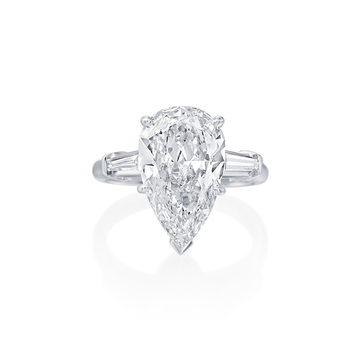 [R70079.2] Three Stone Ring With A Pear Shaped Diamond Weighing 3.29ct And (2) Tapered Baguette Diamonds Weighing 0.34ct