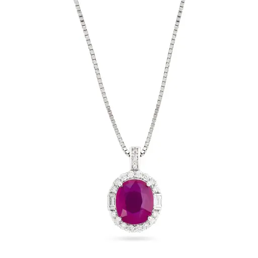 [P78106.1] Halo Style Necklace With A Cushion Cut Ruby Weighing 3.56ct And Round/Baguette Diamonds Weighing 0.50ct In Platinum