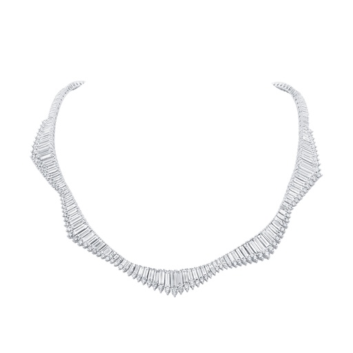 [N81381] Scallop Necklace With (240) Baguette Diamonds Weighing 16.96ct And (97) Round Diamonds Weighing 3.35ct In 14Kt White Gold