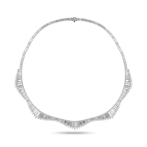 [N81381] Scallop Necklace With (240) Baguette Diamonds Weighing 16.96ct And (97) Round Diamonds Weighing 3.35ct In 14Kt White Gold
