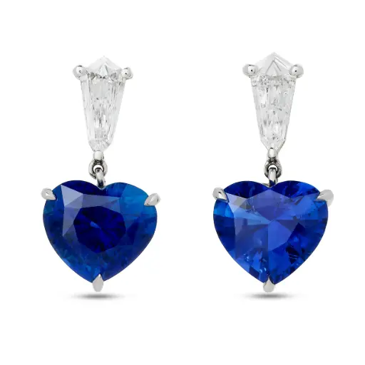 [PRTE80767B-P] Drop Earrings With (2) Heart Shaped Sapphires Weighing 7.57ct And (2) Kite Shaped Diamonds Weighing 0.80ct In Platinum