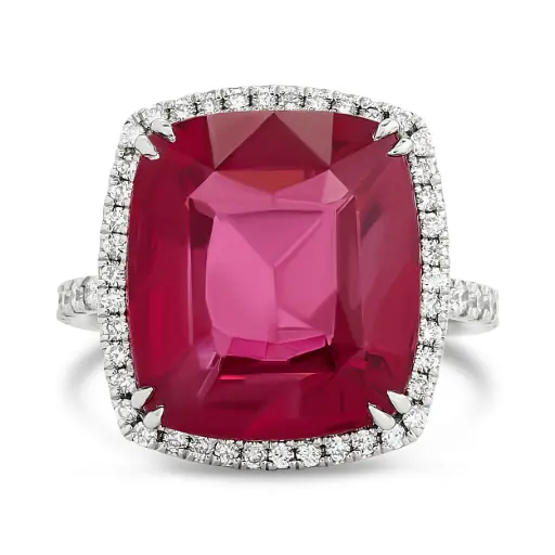 [39,600] Halo Style Ring With A Red Spinel Weighing 14.36ct And (90) Round Diamonds Weighing 0.73ct In 18Kt White