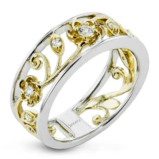 [LR2570] Trellis Floral Ring With (7) Round Diamonds Weighing 0.16cttw In 18Kt White And Yellow Gold Sz8.75