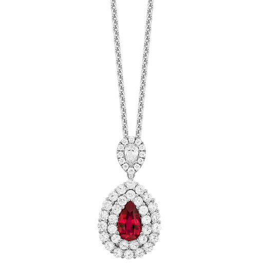 [P28386-R] Halo Style Necklace With A Pear Shaped Ruby Weighing 1.50ct, A Pear Shaped And (43) Round Diamonds Weighing 1.85ct In 18Kt White Gold
