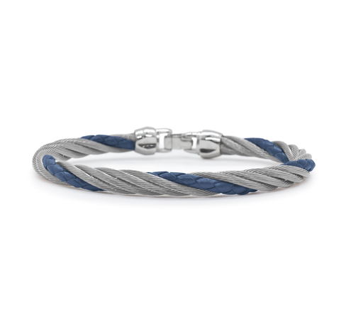 [04-13-BL20-00] Men's Stainless Steel Grey Nautical Cable And Blue Leather Twisted Bracelet sz7.75