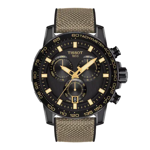 [T125.617.37.051.01] 45.5mm Supersport Chrono Quartz Movement Black Dial Watch With A Beige Fabric Strap