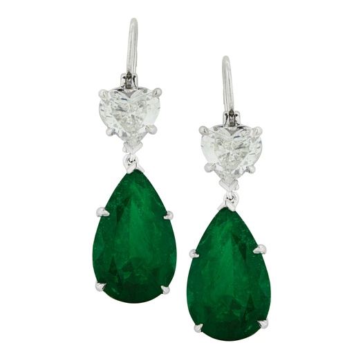[E79277.2] Platinum Dangle Earrrings With (2) Pear Shaped Emeralds Weighing 7.88ct And (2) Heart Shaped Diamonds Weighing 2.00ct