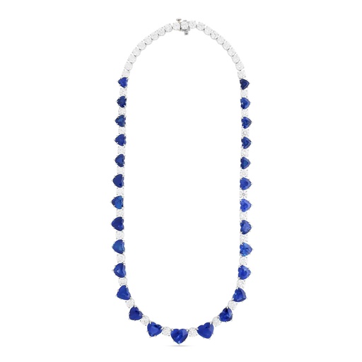 [PRTN81407-P] Platinum Line Necklace With (27) Heart Shaped Sapphires Weighing 57.85ct And (47) Round Diamonds Weighing 18.88ct