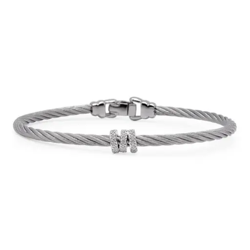 [04-32-3714-11] 14Kt White Gold Grey Nautical Cable Bracelet With (21) Round Diamonds Weighing 0.17cttw