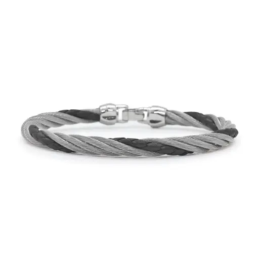 [04-13-BL20-00] Stainless Steel Grey Nautical Cable And Black Leather Twisted Bracelet