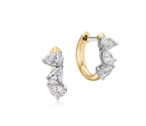 [E0066DPTY] 18Kt Yellow Gold And Platinum Mini Huggies With (6) Pear Shaped Diamonds Weighing 0.82cttw