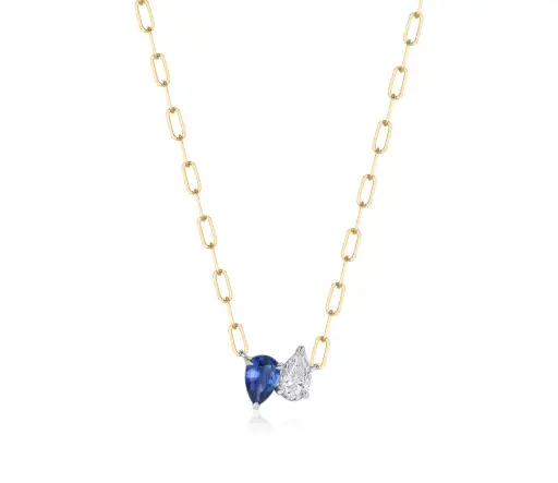 [N0044BSDPTY] 18Kt Yellow Gold And Platinum One Of One Necklace With a Pear Shaped Sapphire Weighing 0.44ct And A Pear Shaped Diamond Weighing 0.30ct