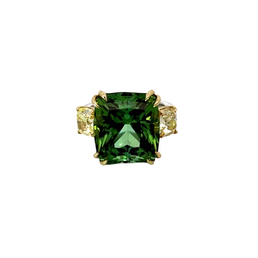 [100592] Platinum And 18Kt Yellow Gold Ring With A Green Tourmaline Weighing 18.02ct And (2) Fancy Yellow Diamonds Weighing 3.00ct