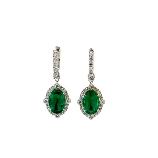 [24574] 18Kt White Gold Halo Dangle Earrings With (2) Oval Emeralds Weighing 5.46ct And (60) Round Diamonds Weighing 1.47ct