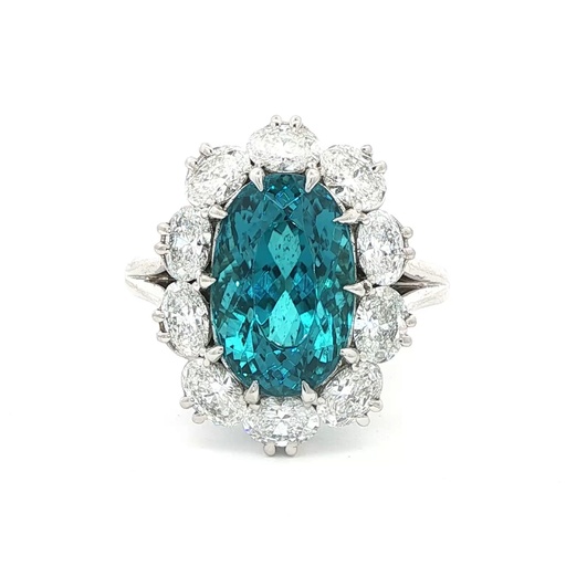 [R427539] Platinum Halo Style Ring With An Oval Paraiba Tourmaline Weighing 5.84ct And (10) Oval Diamonds Weighing 3.00ct