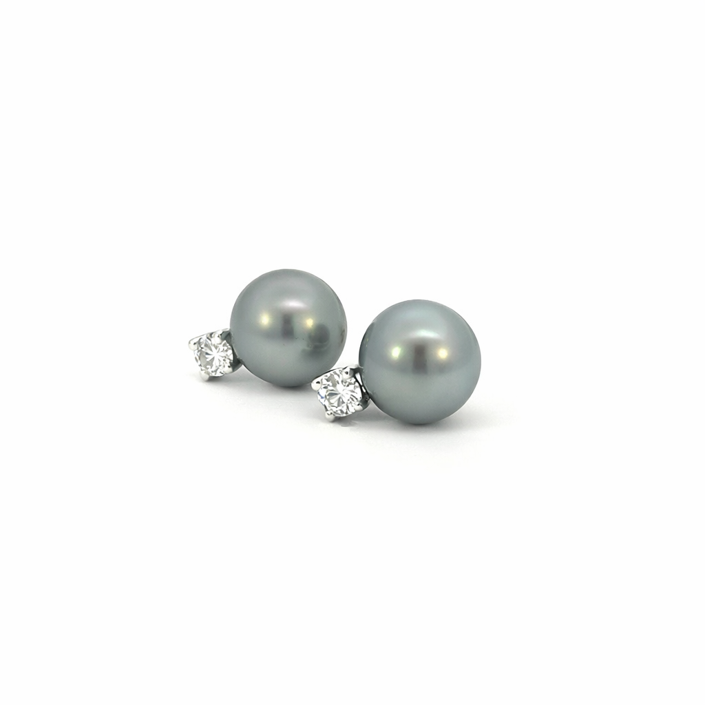 [910TD] Diamond And Tahitian Pearl Stud Earrings 0.35cttw
