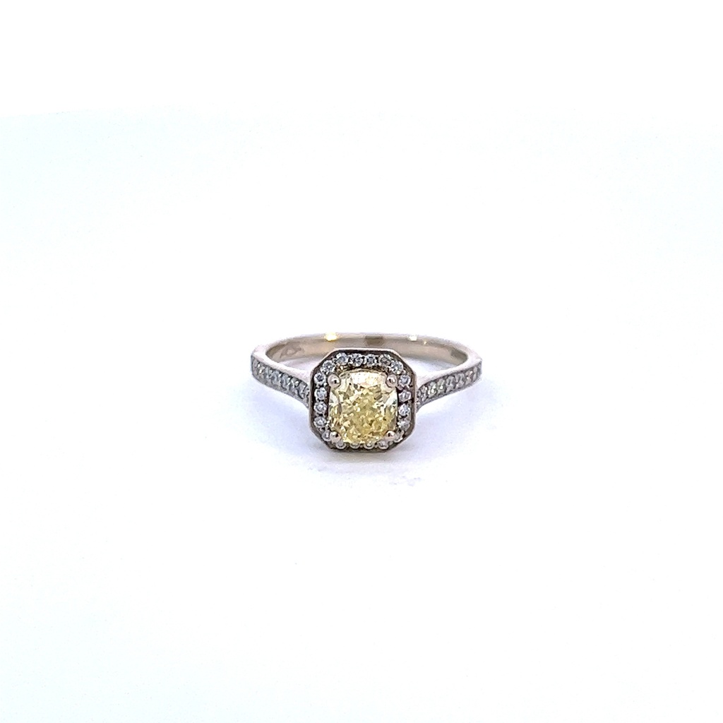 14Kt White Gold Fancy Yellow Cushion Cut Diamond Ring 1.47cttw