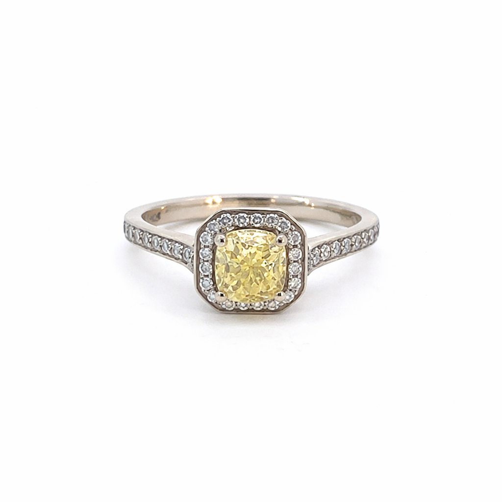 [141766] 14Kt White Gold Fancy Yellow Cushion Cut Diamond Ring 1.47cttw