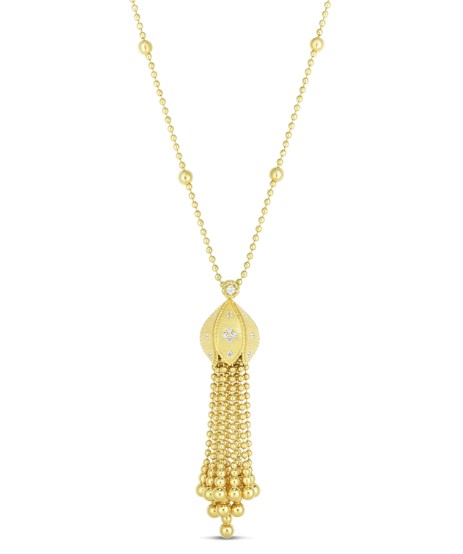 18Kt Yellow Gold Princess Flower Tassel Necklace With Round Diamonds Weighing 0.50cttw