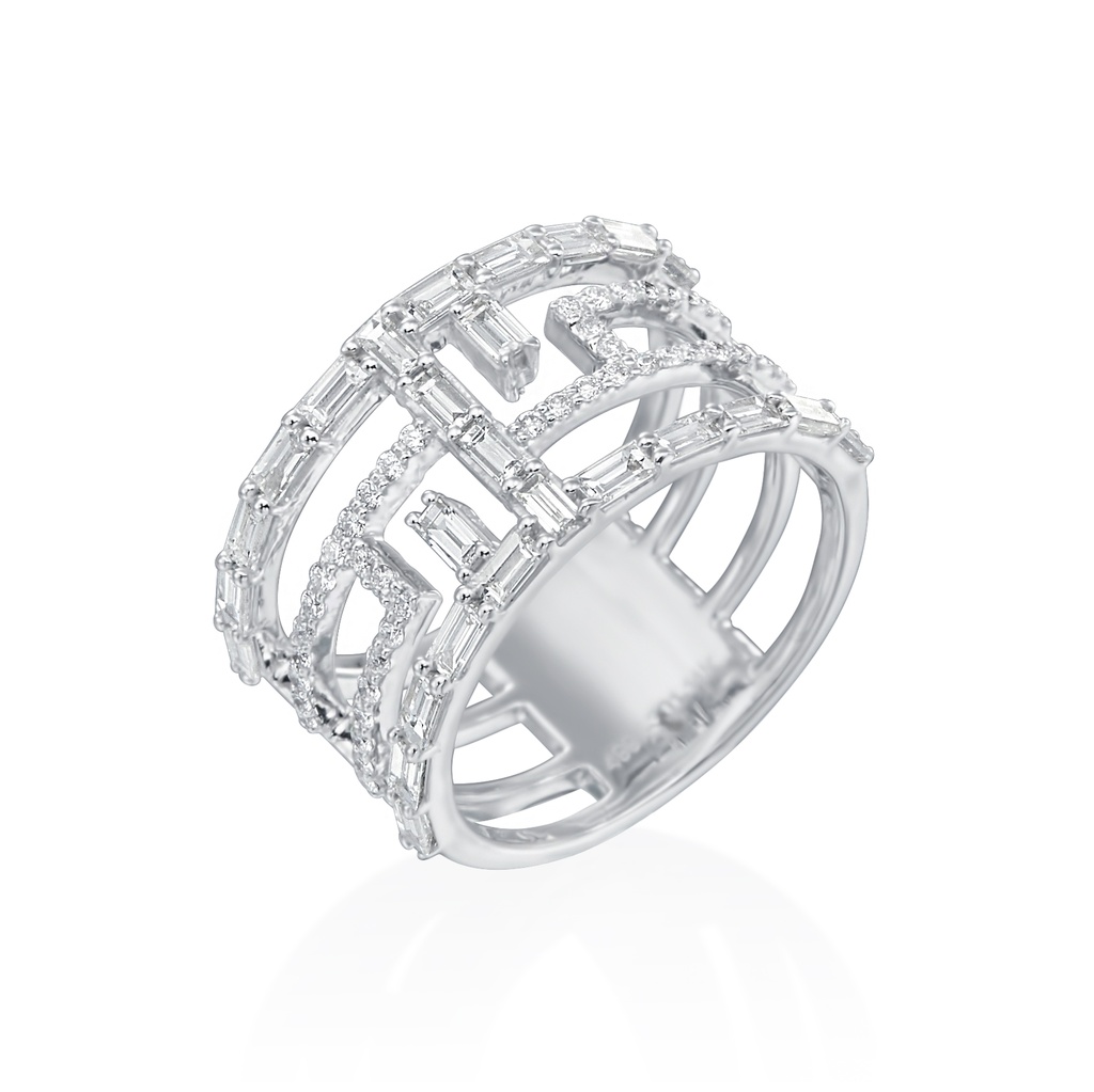 14Kt White Gold Maze Ring With Baguette Diamonds Weighing 1.14ct And Round Diamonds Weighing 0.26ct