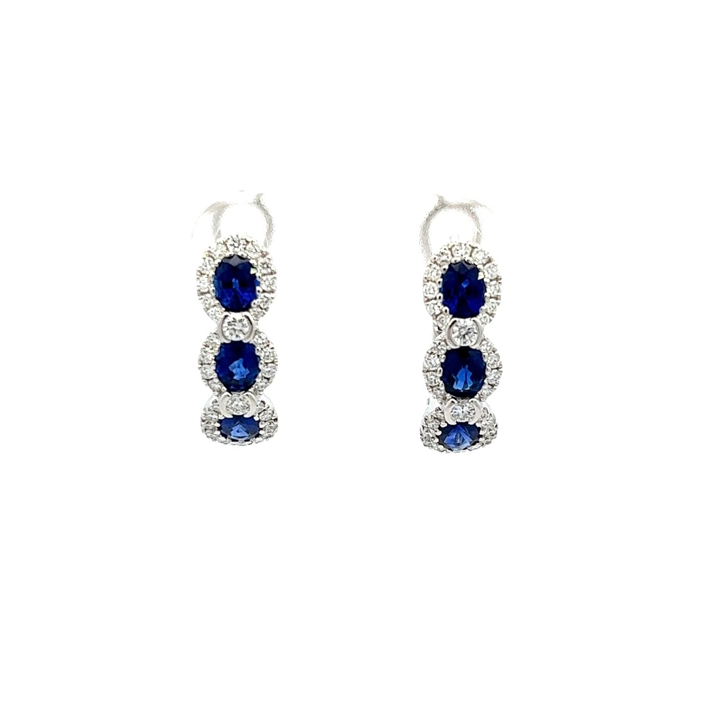 18Kt White Gold Three Drop Earrings With Oval Sapphires 2.10ct And Round Diamond Halos Weighing 0.56ct