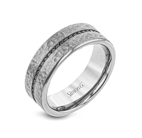 14Kt White Gold Hammer Finish Band With Black Diamonds Weighing 0.48cttw