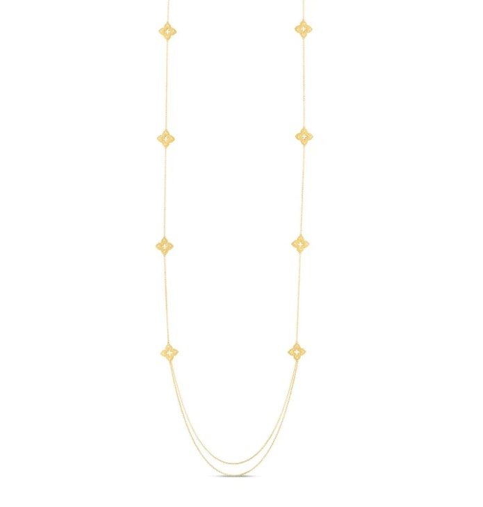 Yellow Gold  Petite Venetian Princess Long Chain Necklace With Round Diamonds Weighing 0.38cttw