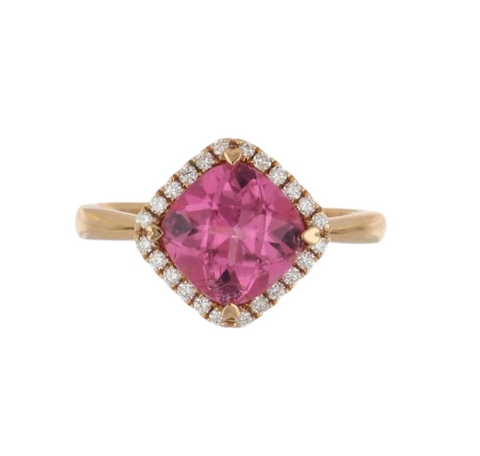 18Kt Rose Gold Ring With A Cushion Cut Rubelite And A Halo Of Round Diamonds Weighing 0.15ct