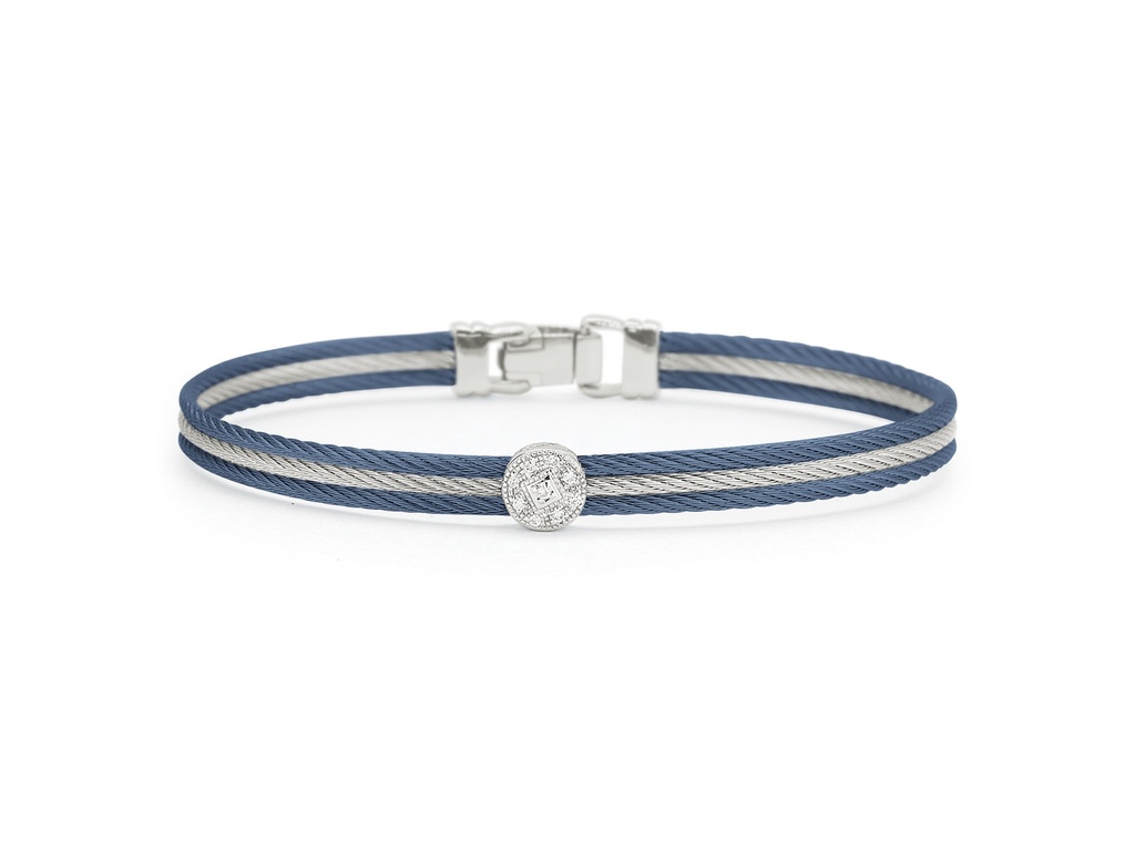 White Gold Blueberry And Grey Nautical Cable Square Station Bracelet With Round Diamonds Weighing 0.05cttw
