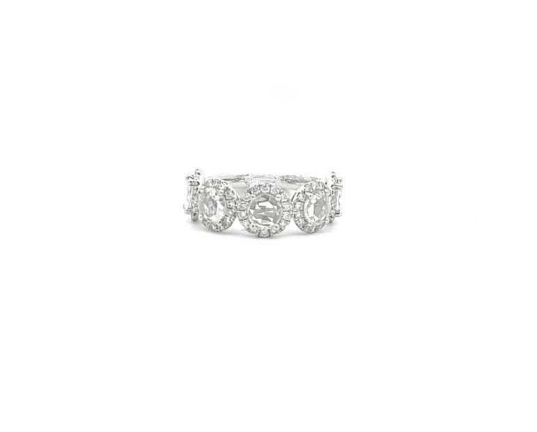 18Kt White Gold Five Station Ring With Rosecut Diamonds Weighing 1.44ct And Round Diamond Halos Weighing 0.53ct