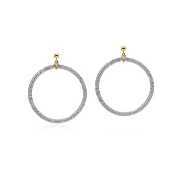 Yellow Gold Grey Nautical Cable Circle Drop Earrings With Round Diamonds Weighing 0.02cttw