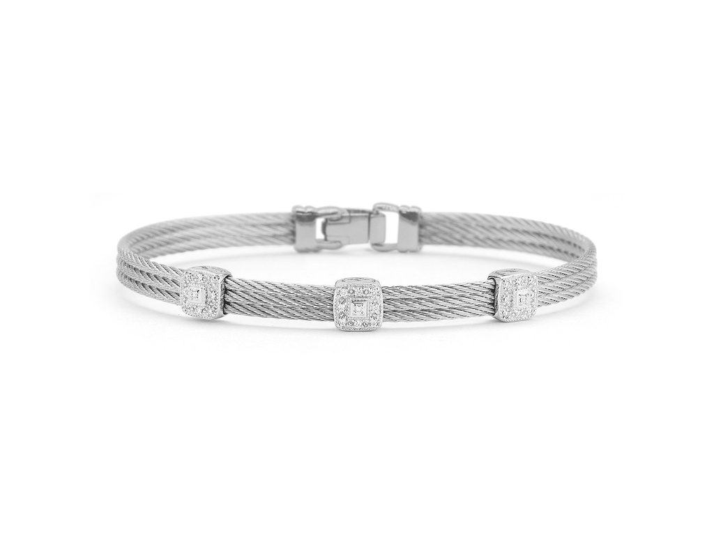 18Kt White Gold Grey Nautical Cable Three Square Station Bracelet With Round Diamonds Weighing 0.14cttw
