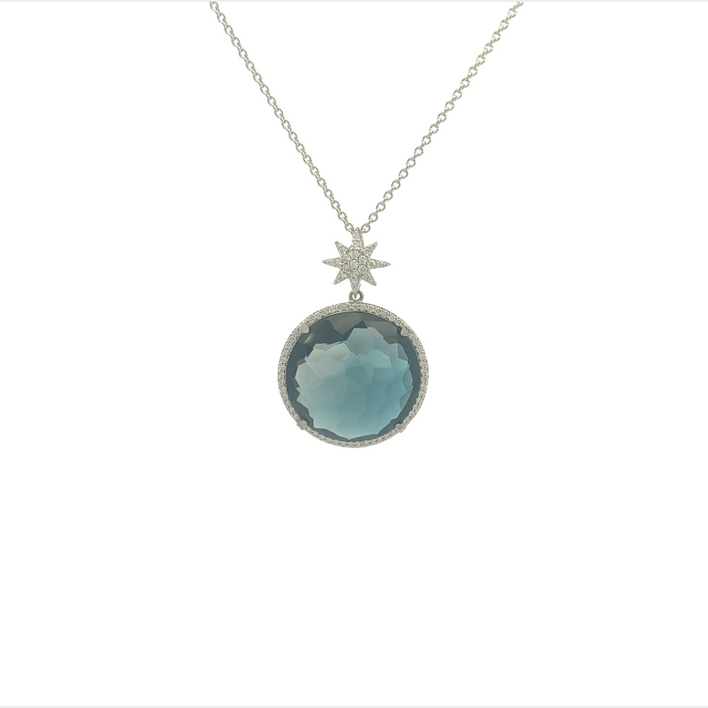 18Kt White Gold North Star Necklace With A 20mm London Blue Topaz And Round Diamonds Weighing 0.38cttw