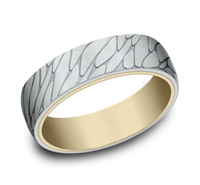 14Kt Two Toned 6.5mm Comfort Fit Pebble Pattern Band Sz10