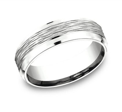 14Kt White Gold 7mm Comfort Fit Micro Bark Design Band Sz10