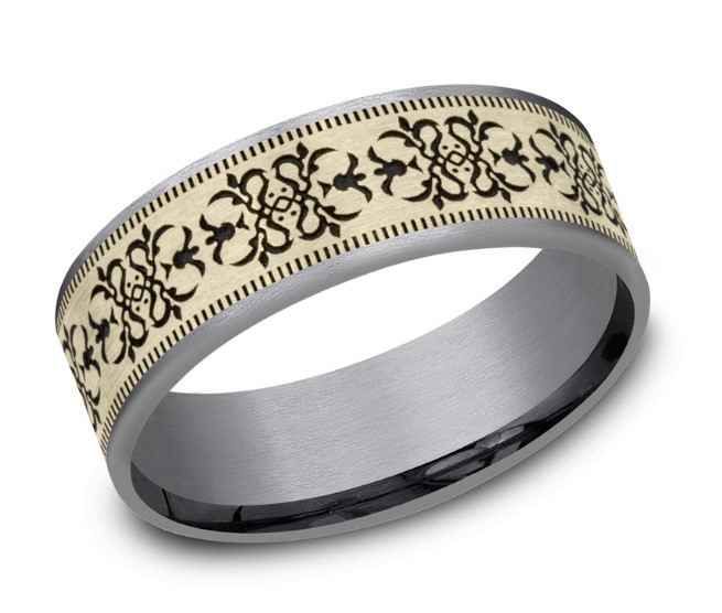 Tantalum And Yellow Gold 7.5mm Comfort Fit Baroque Design Band