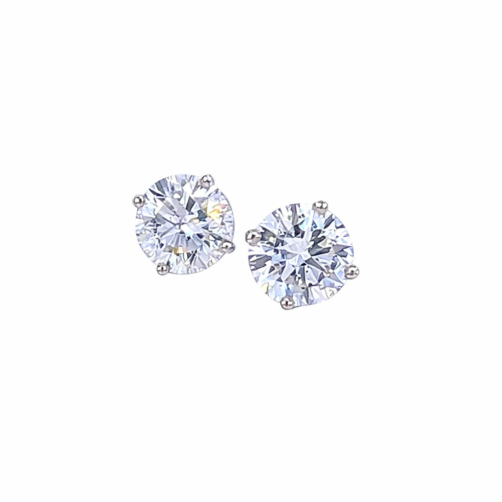 [S00445] Round Brilliant Cut Diamond Studs 2.01cttw I/SI2-2 14Kt White Gold Basket Set Pushbacks