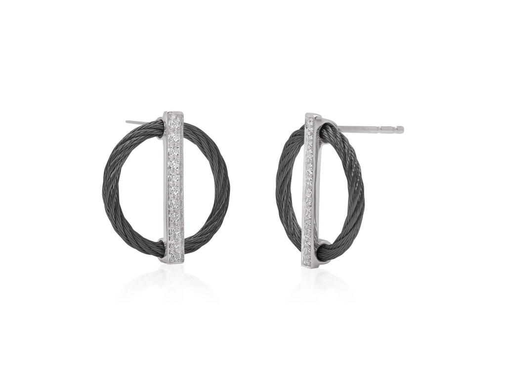 White Gold Black Nautical Cable Diamond Circle Drop Earrings 0.18cttw