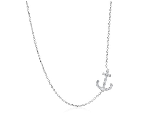 14Kt White Gold Anchor Pendant Necklace With 22 Round Diamonds Weighing 0.08cttw