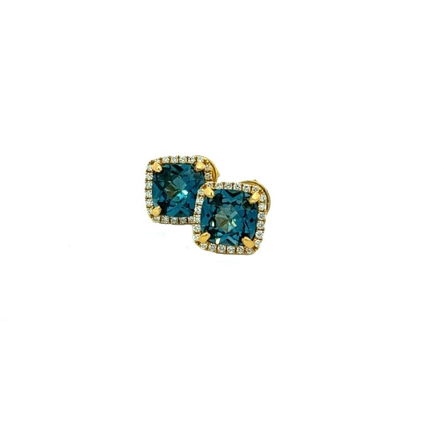 18Kt Yellow Gold Earrings With A Cushion London Blue Topaz And A Round Diamond Halo Weighing 0.30cttw
