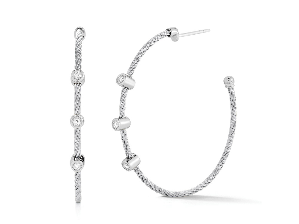 White Gold Grey Nautical Cable Hoop Earrings With Round Diamonds Weighing 0.12cttw