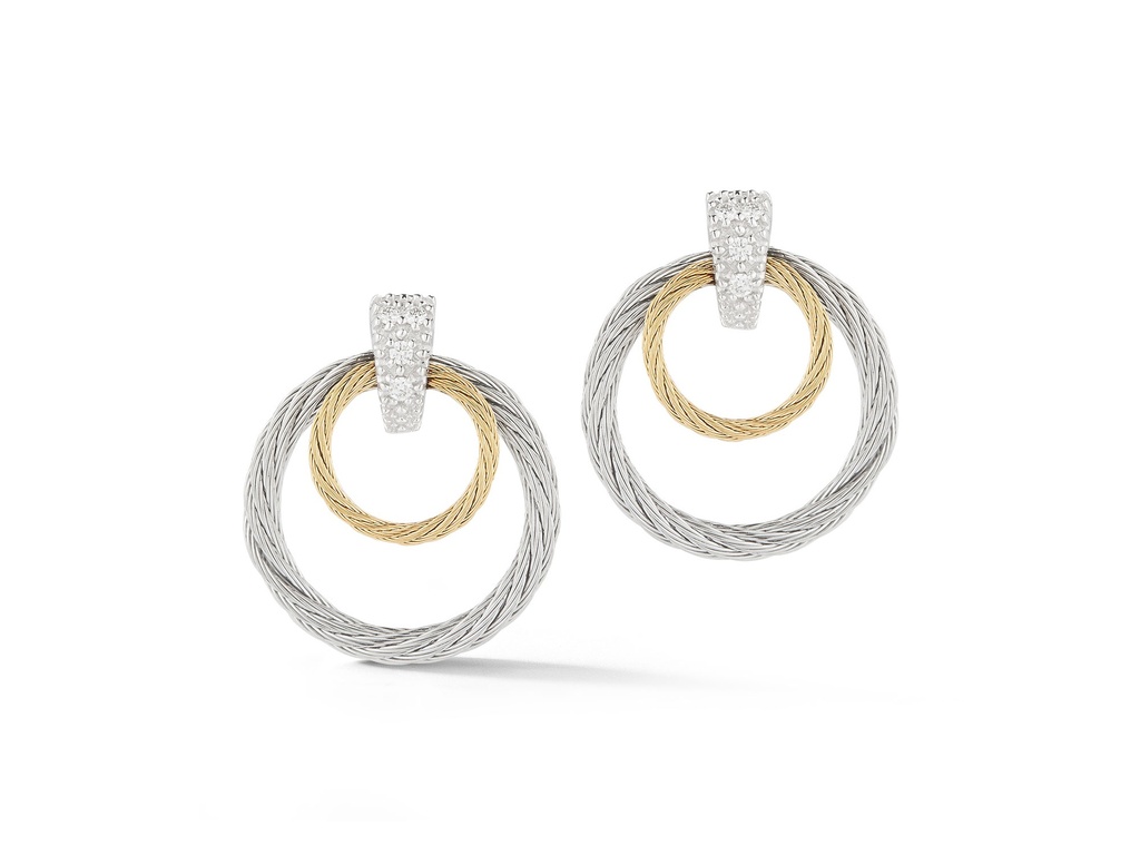 White Gold Grey And Yellow Nautical Cable Double Circle Drop Earrings With Round Diamonds Weighing 0.07cttw