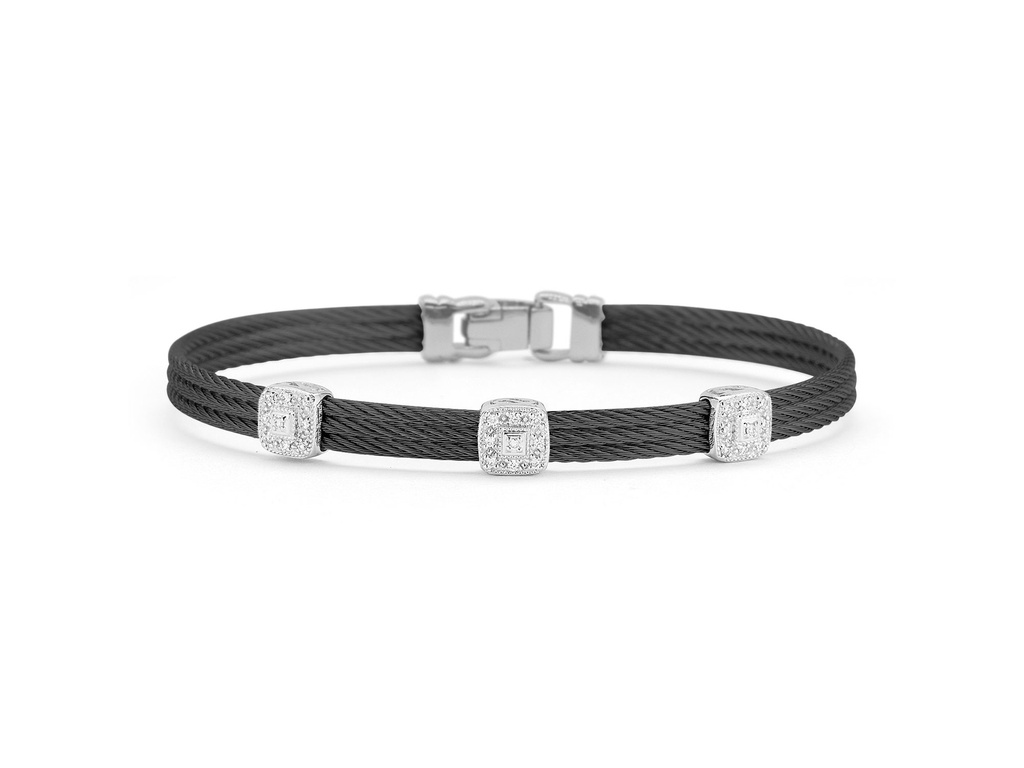 White Gold Black Nautical Cable Three Square Station Bracelet With Round Diamonds Weighing 0.14cttw