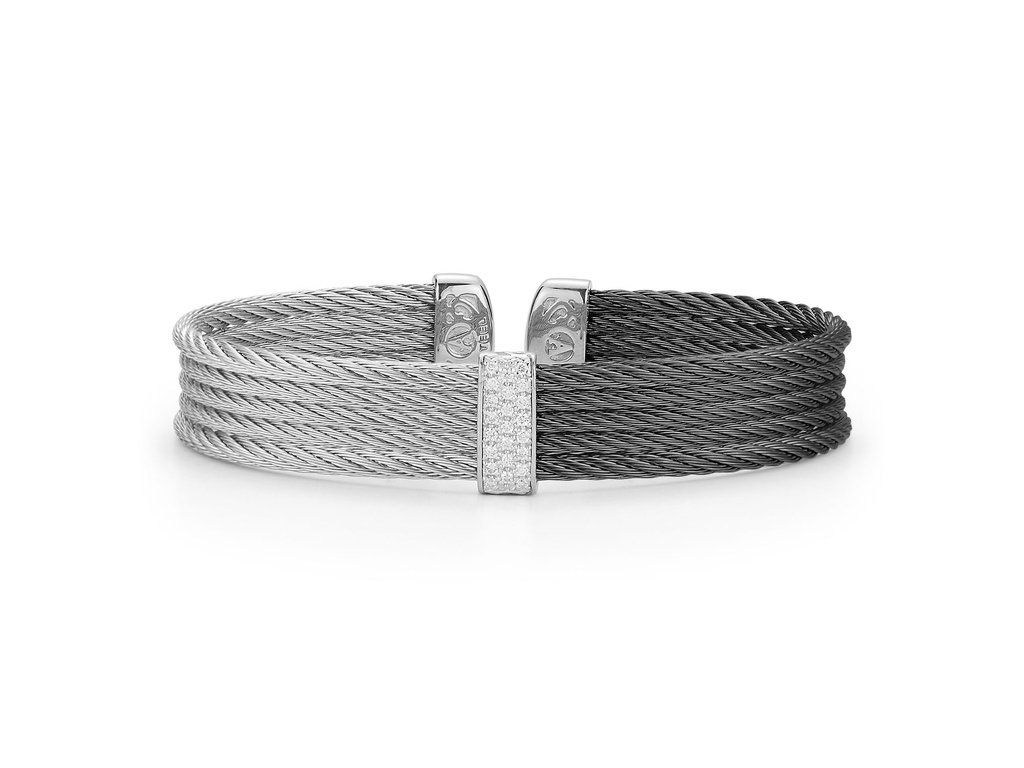 White Gold Grey And Black Nautical Cable Bar Station Cuff Bracelet With Round Diamonds Weighing 0.19cttw