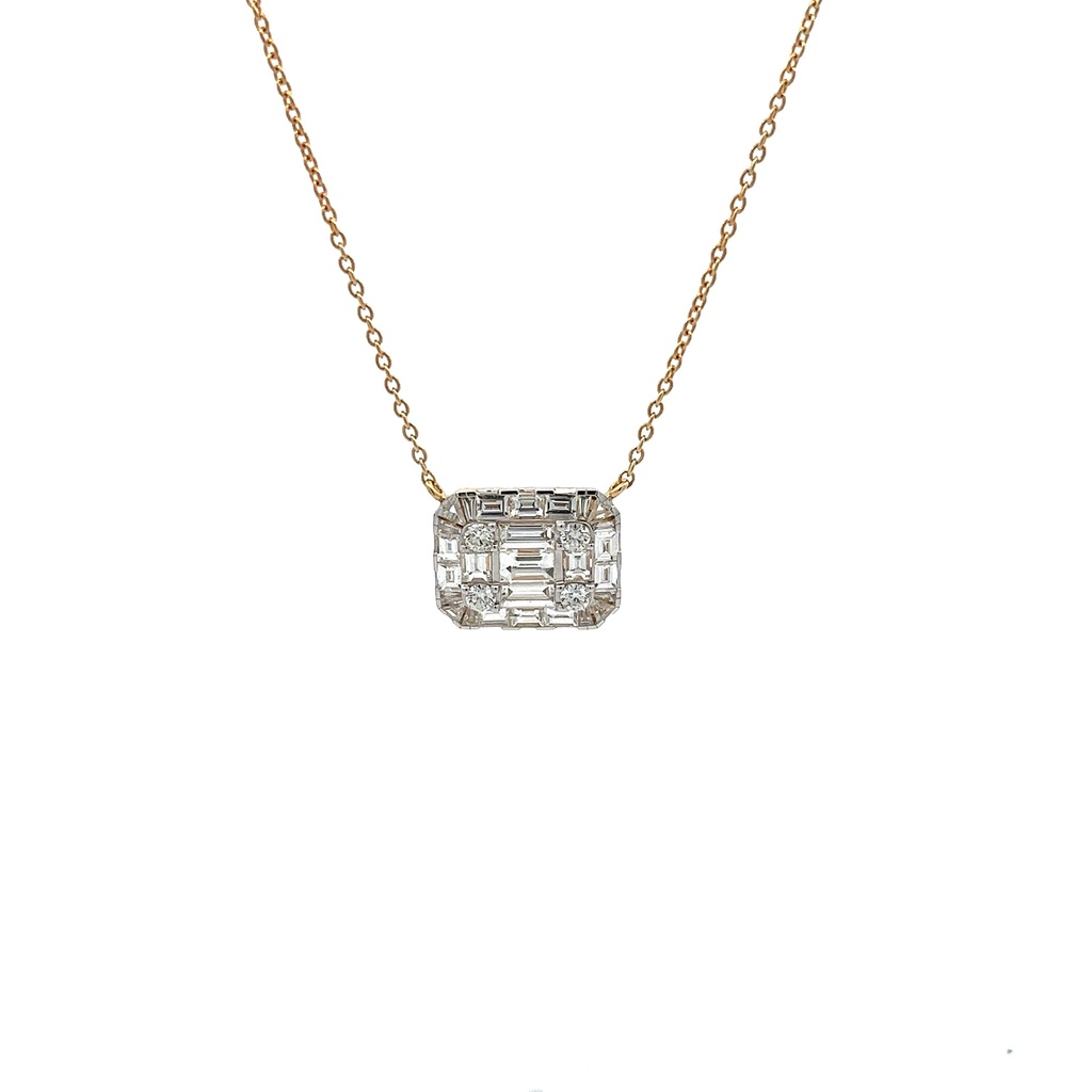 Yellow Gold Pendant Necklace With Round Diamonds Weighing 0.18ct And Baguette Diamonds Weighing 1.23ct