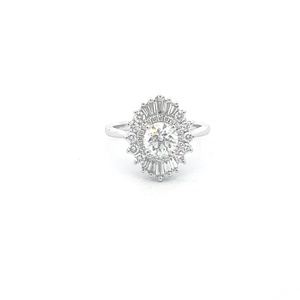 White Gold Floral Ring With A Round Center Diamond Weighing 0.90ct And A Baguette And Round Diamond Halo Weighing 0.70ct