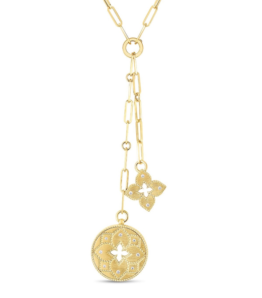 Yellow Gold Double Venetian Princess Medallion Necklace With Round Diamonds Weighing 0.14cttw