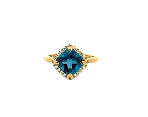 Yellow Gold London Blue Topaz Ring With A Halo Of Round Diamonds Weighing 0.15cttw