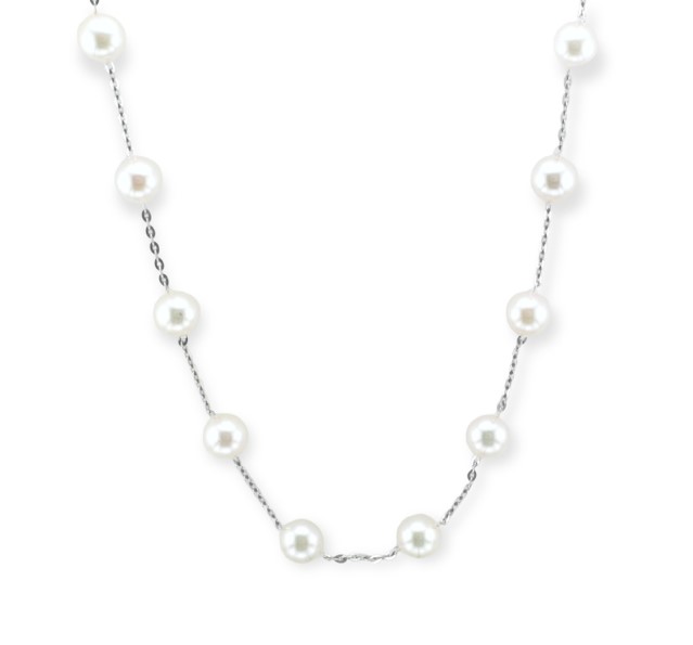 White Gold Tin Cup Necklace With Cultured Pearls