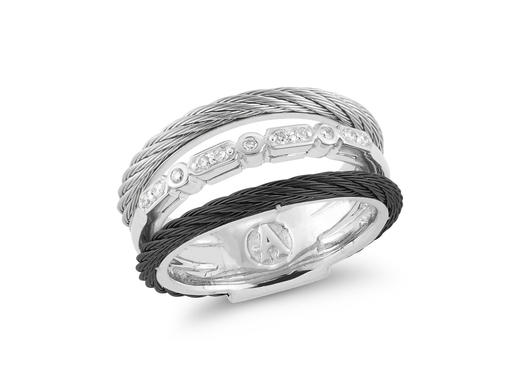 18Kt White Gold Black And Grey Nautical Cable Three Row Ring With Round Diamonds Weighing 0.09cttw